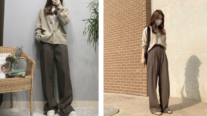 Phối cardigan với quần ống rộng