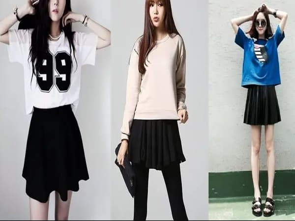 Áo phông + chân váy xếp ly