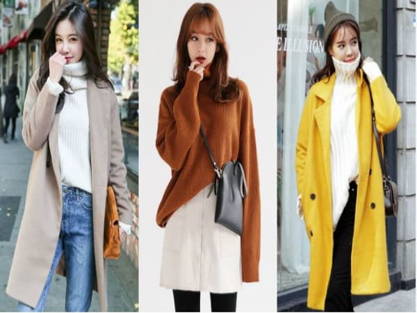 Cách phối đồ mùa đông cho nữ gầy Layer áo cổ lọ + Áo len + Áo khoác dạ