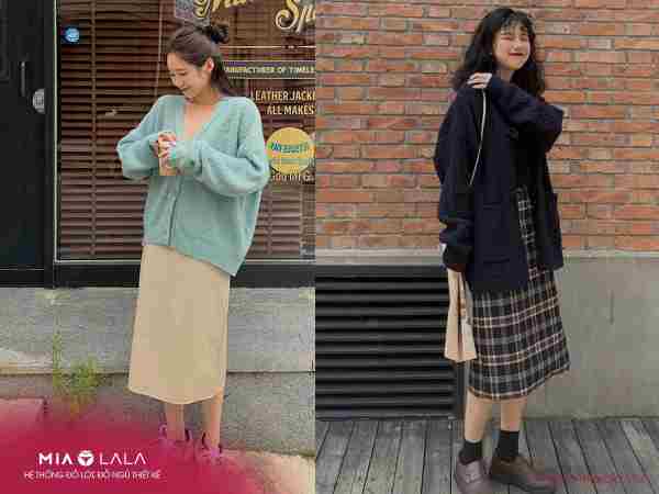 Cardigan oversize + chân váy dài