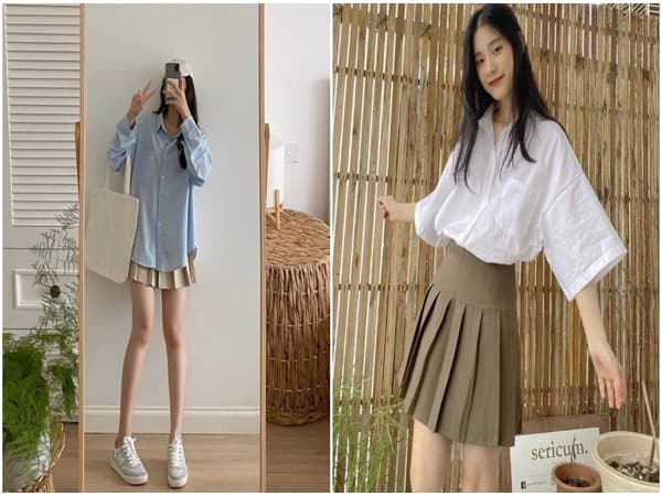 Áo sơ mi oversize + Chân váy ngắn: Hàn Quốc hóa phong cách